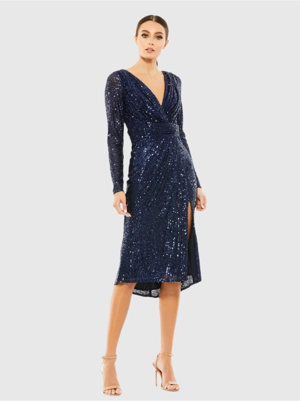 Mac Duggal Navy Long Sleeve Midi Sequin Dress 12